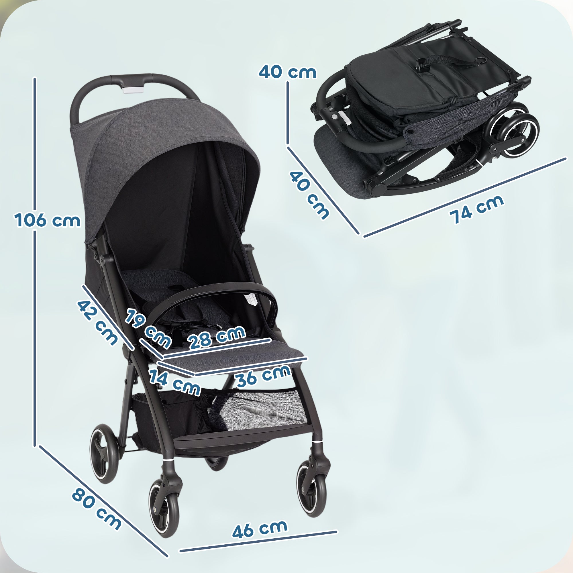 AIYAPLAY Travel Stroller, Lightweight Pushchair, Compact Buggy with Canopy, Basket and Multi-Position Recline, Dark Grey