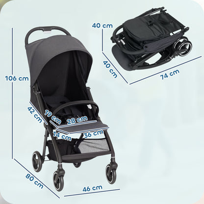 AIYAPLAY Travel Stroller, Lightweight Pushchair, Compact Buggy with Canopy, Basket and Multi-Position Recline, Dark Grey