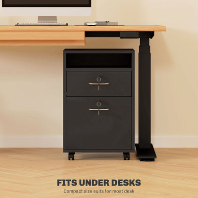 HOMCOM 60cm Filing Cabinet with Drawer, Open Shelf, Metal Handles and 4 Wheels, Office Home Organiser Mobile Printer with Two Locks, Black 