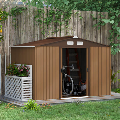 Outsunny 9 x 6ft Metal Garden Shed, Outdoor Storage Tool House with Ventilation Slots, Foundation Kit and Lockable Double Doors, Light Brown 