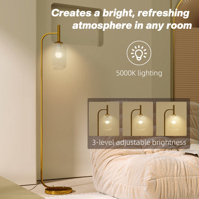 HOMCOM LED Floor Lamp for Living Room with Glass Lampshade, Modern Standing Lamp with Foot Switch, Adjustable Brightness, 2700K for Bedroom, Gold Tone 