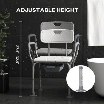 HOMCOM Height Adjustable Shower Stool with Arms and Back, Non-Slip Bedside Commode with Detachable Bucket for Elderly, White 