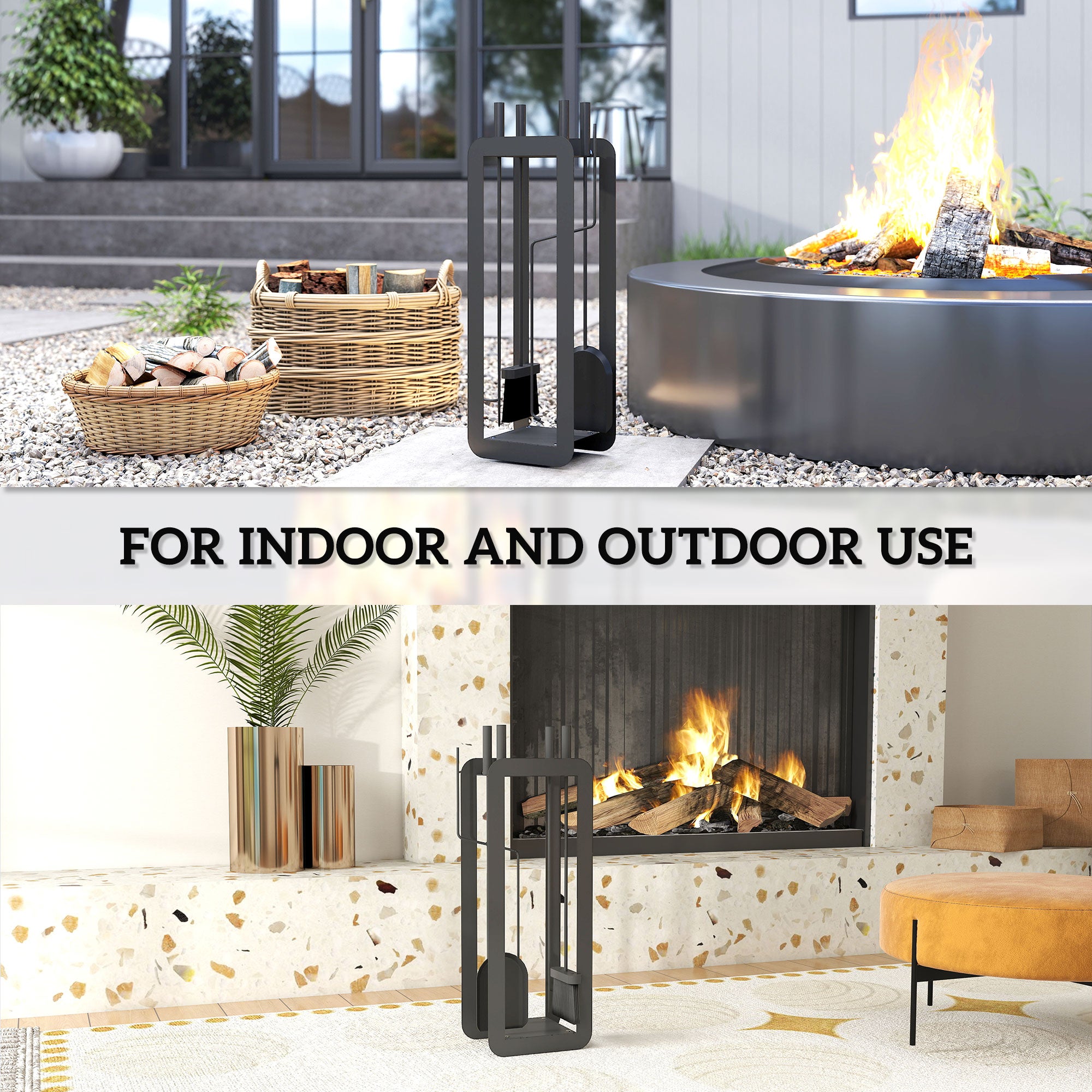 Outsunny 5 Pieces Fireplace Companion Set, Metal Fireplace Accessories Fireside Companion Set with Brush, Shovel, Poker, A Pair of Tongs, Stand, Black 