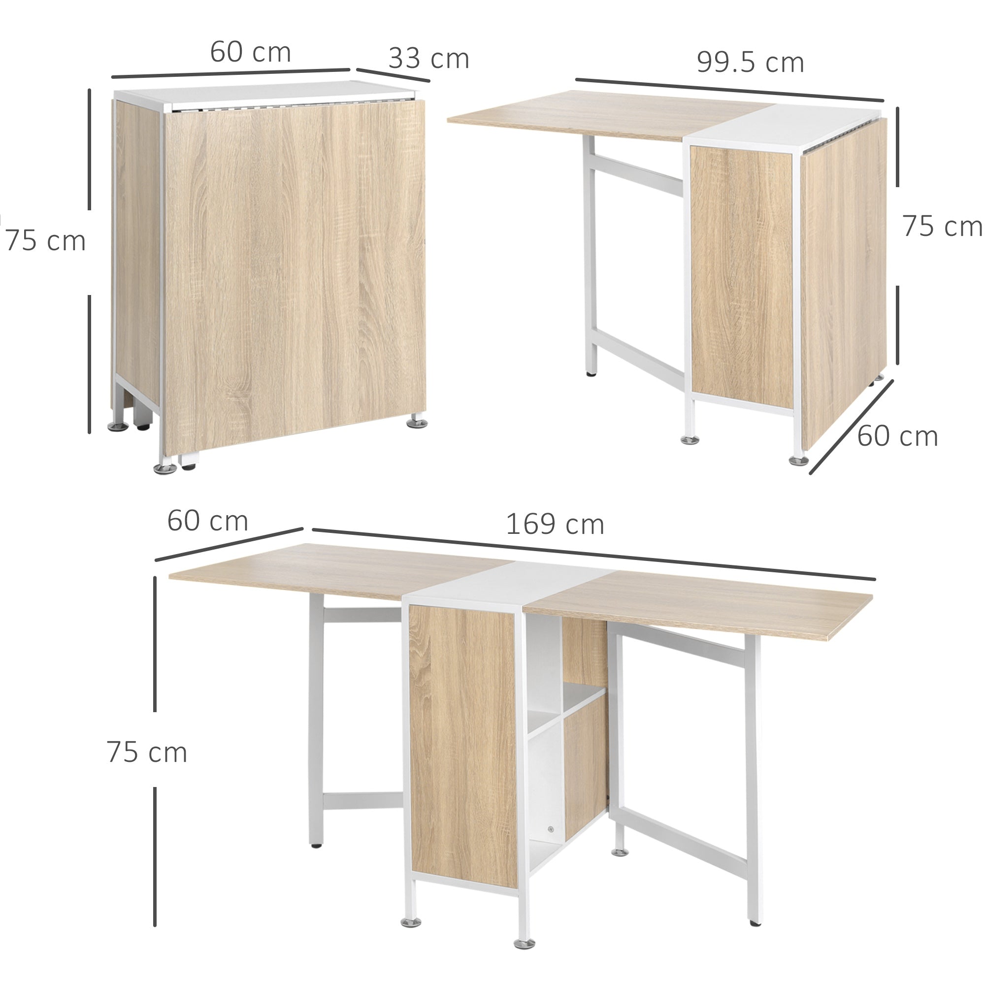 HOMCOM Foldable Drop Leaf Dining Table Folding Workstation for Small Space with Storage Shelves Cubes Oak & White 