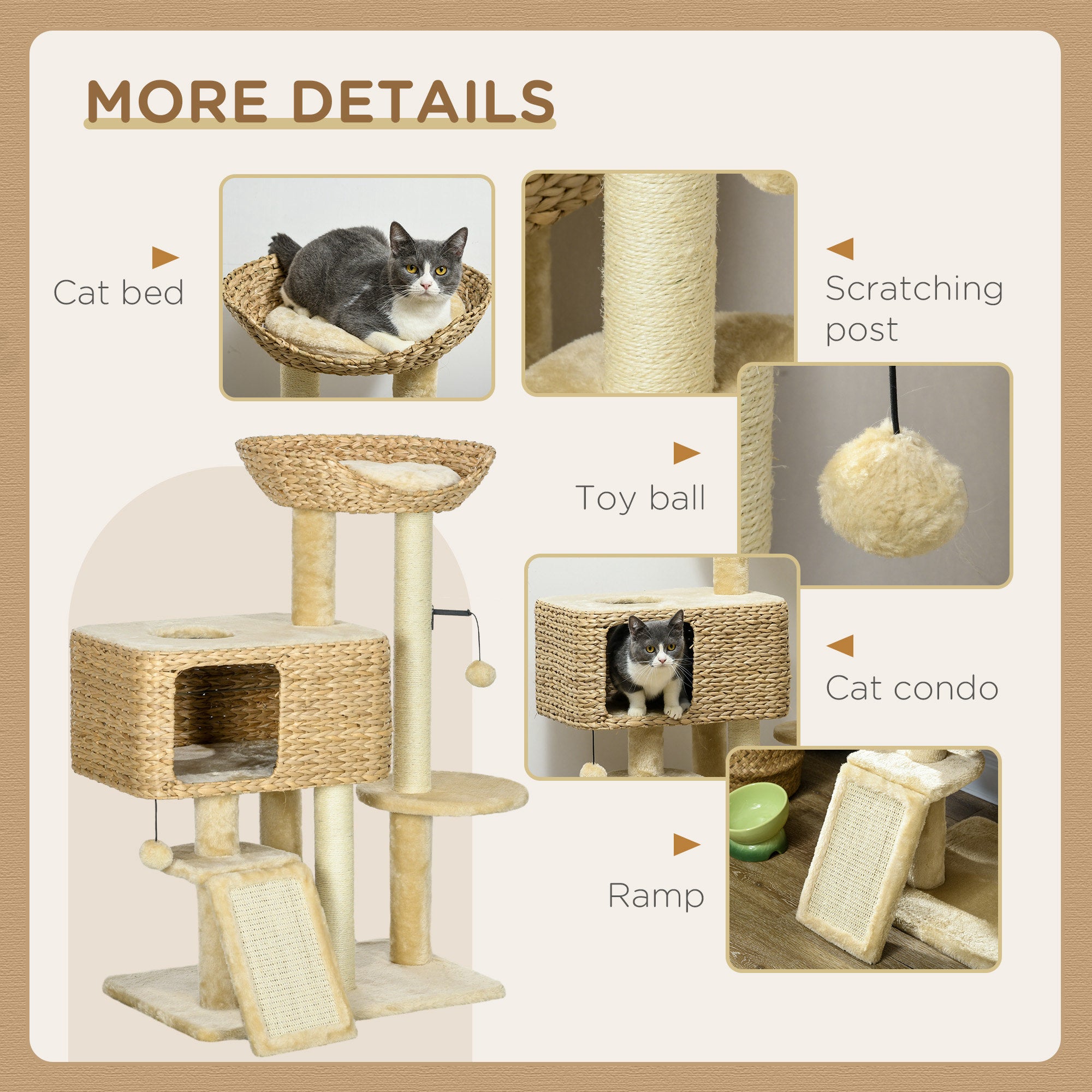 PawHut 95cm Cat Tree Tower for Indoor Cats, with Scratching Post, Cat House, Toy Ball, Platform - Beige 