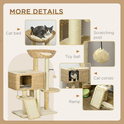 PawHut 95cm Cat Tree Tower for Indoor Cats, with Scratching Post, Cat House, Toy Ball, Platform - Beige 