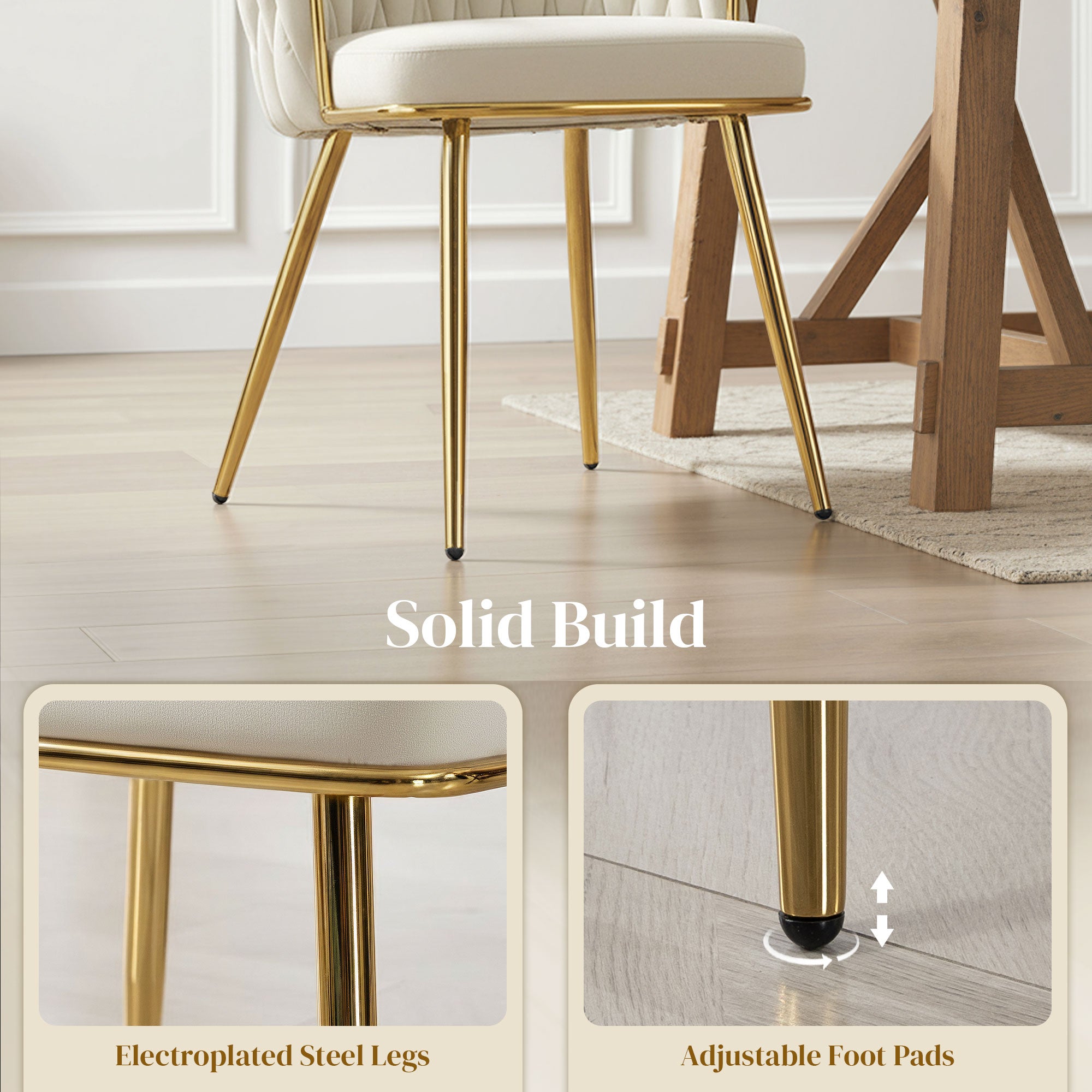 HOMCOM Velvet-Feel Dining Chairs Set of 2, Modern Upholstered Armchair with Knot Design and Golden Metal Legs, Accent Chair for Dining Room, Bedroom, Kitchen, Living Room, Cream 