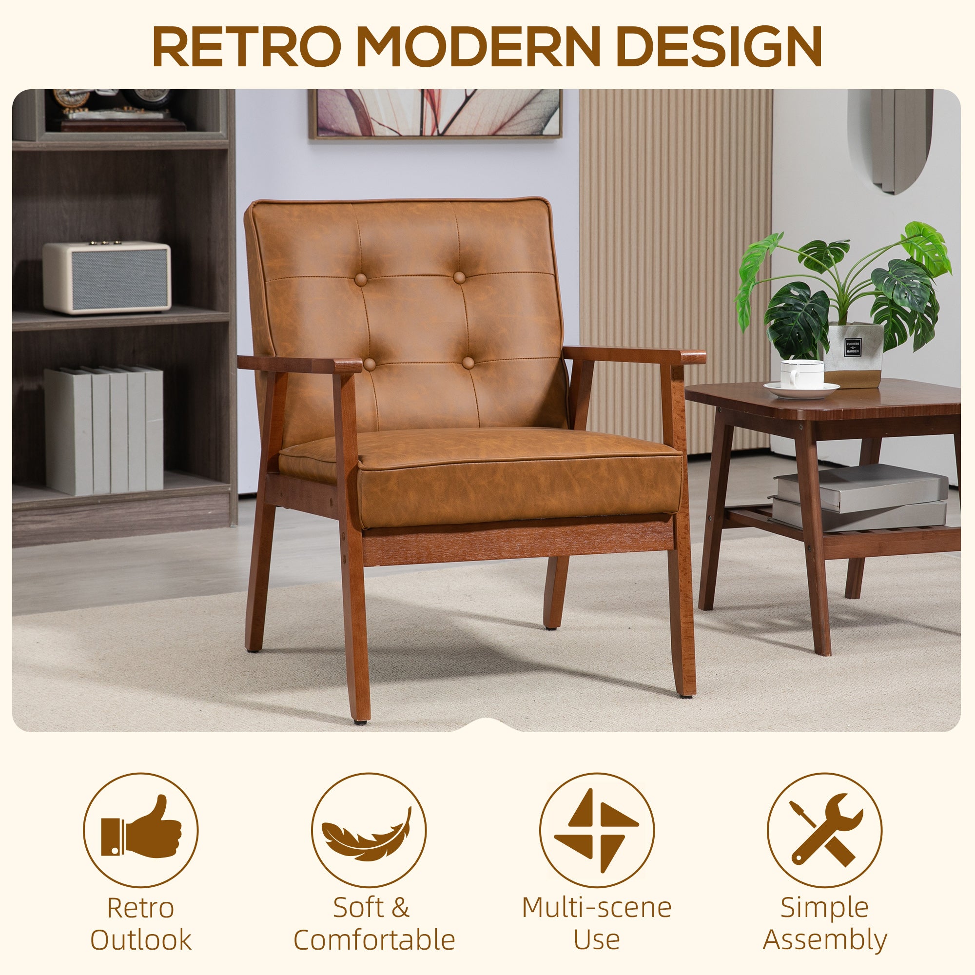 HOMCOM 2 Pack Retro-Style Accent Chair, with Faux Leather Seat - Brown 