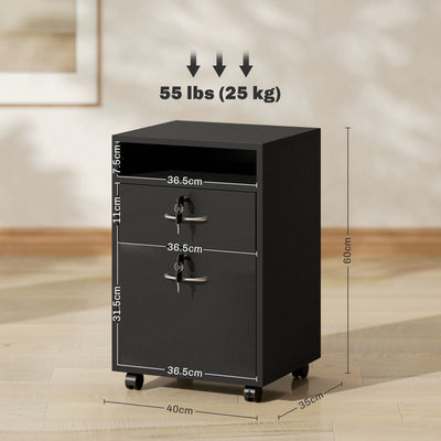 HOMCOM 60cm Filing Cabinet with Drawer, Open Shelf, Metal Handles and 4 Wheels, Office Home Organiser Mobile Printer with Two Locks, Black 