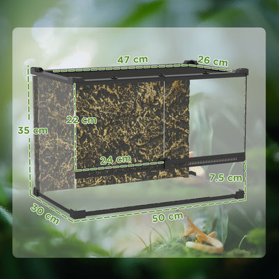 PawHut Reptile Glass Terrarium with Stone Background, Front Ventilation, Escape-Proof Knob Lock, 50 x 30 x 35 cm, Black 