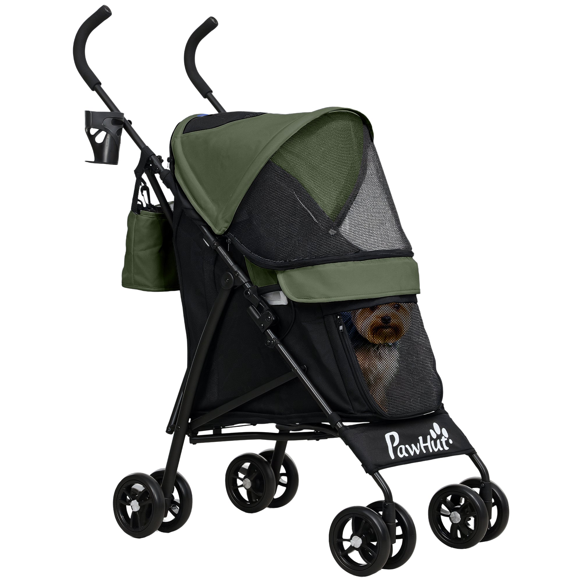 PawHut Umbrella Structure Dog Stroller, Lightweight & Portable Dog Pram w/ Shoulder Strap, Storage Bag & Cup Holder, Dark Green 