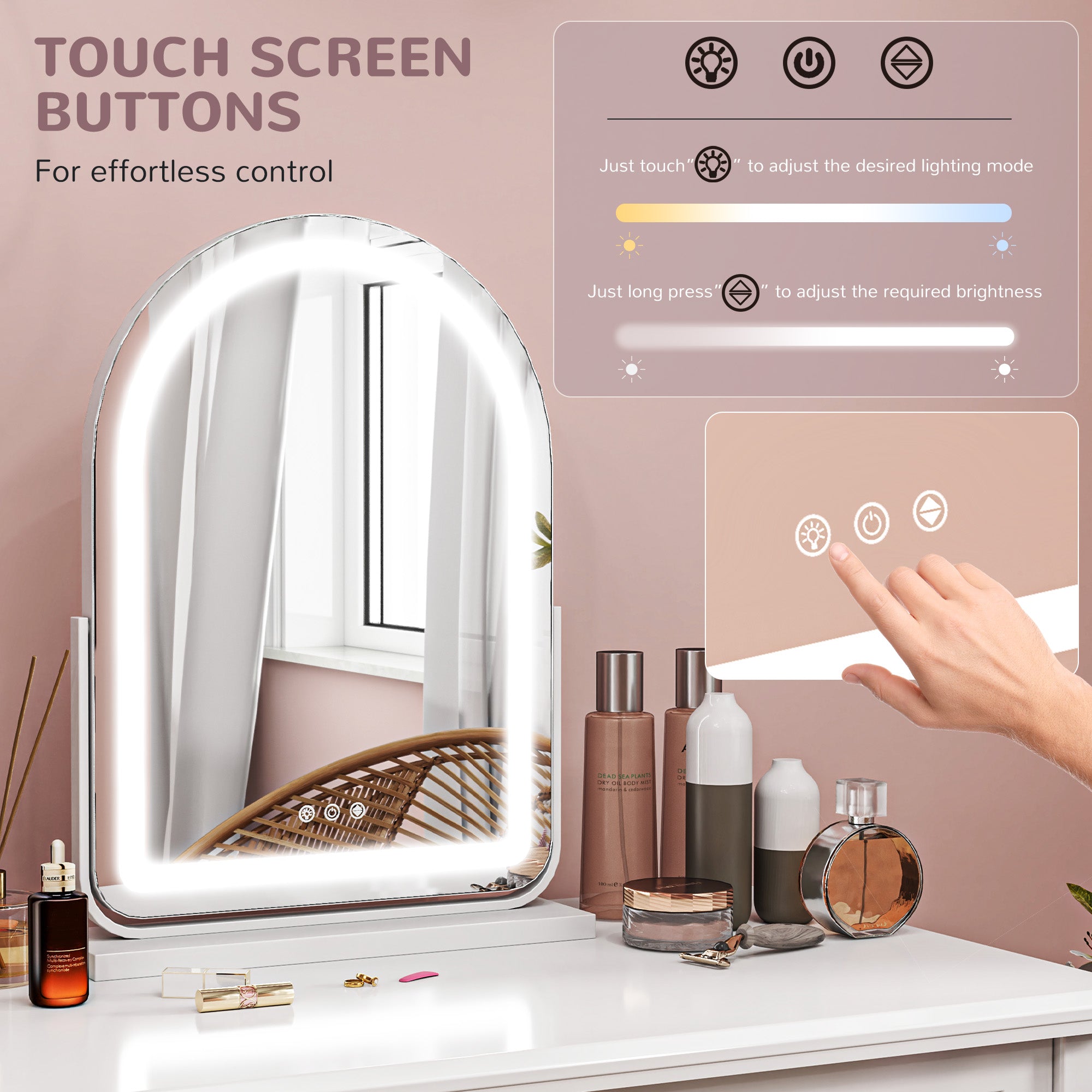 HOMCOM LED Vanity Mirror with Lights, 43 x 59cm Lighted Makeup Mirror with 3 Colour, 360\'c2\'b0 Rotation, Touch Screen, for Bedroom and Dressing Room, White