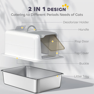 PawHut Stainless Steel Cat Litter Box with Removable Lid, Scoop, Filter Bags, for Larger Cats, White 