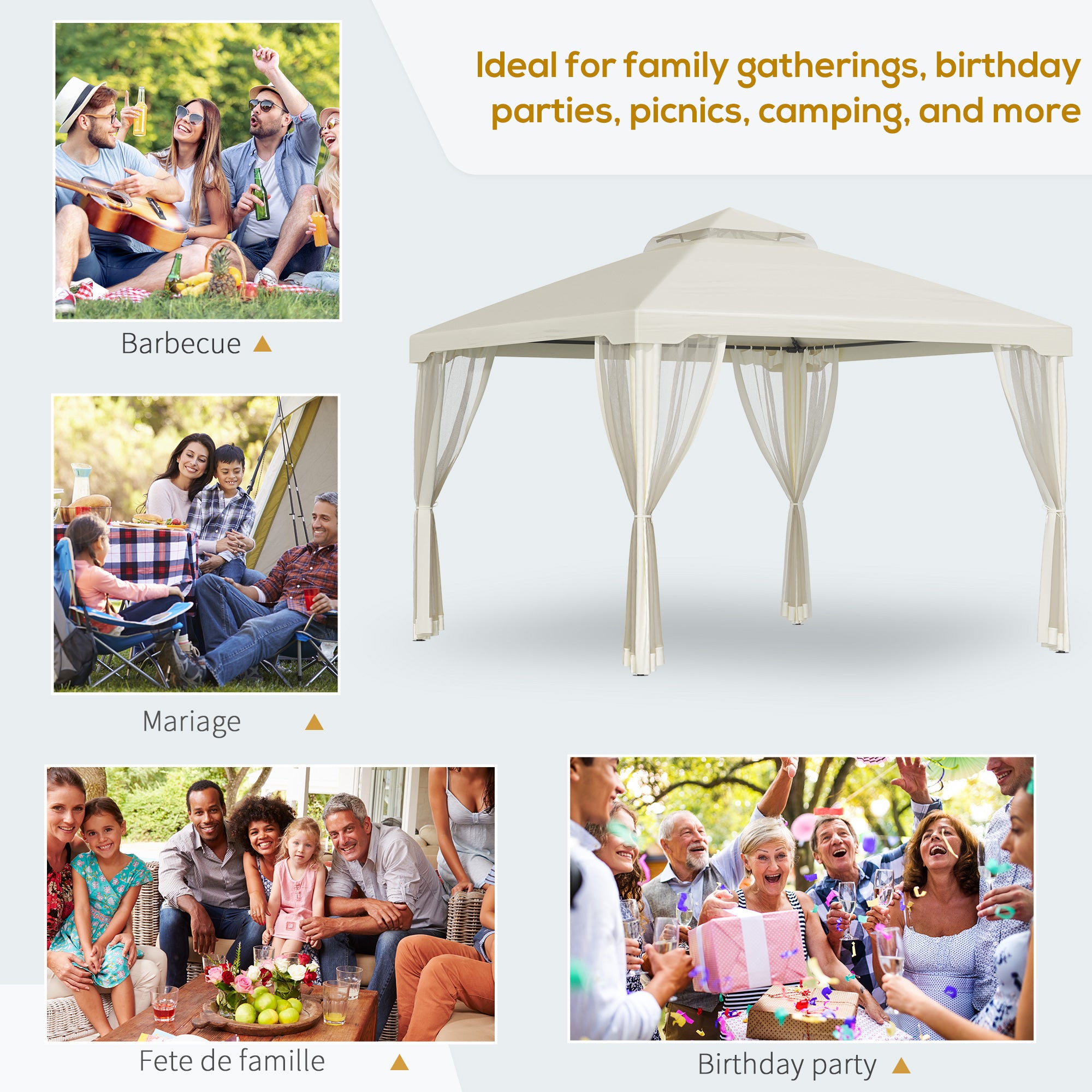 Outsunny 3 x 3 m Metal Gazebo, Garden Pavillion, Double Roof Outdoor Canopy Shelter with Mesh Sidewalls, Cream White 