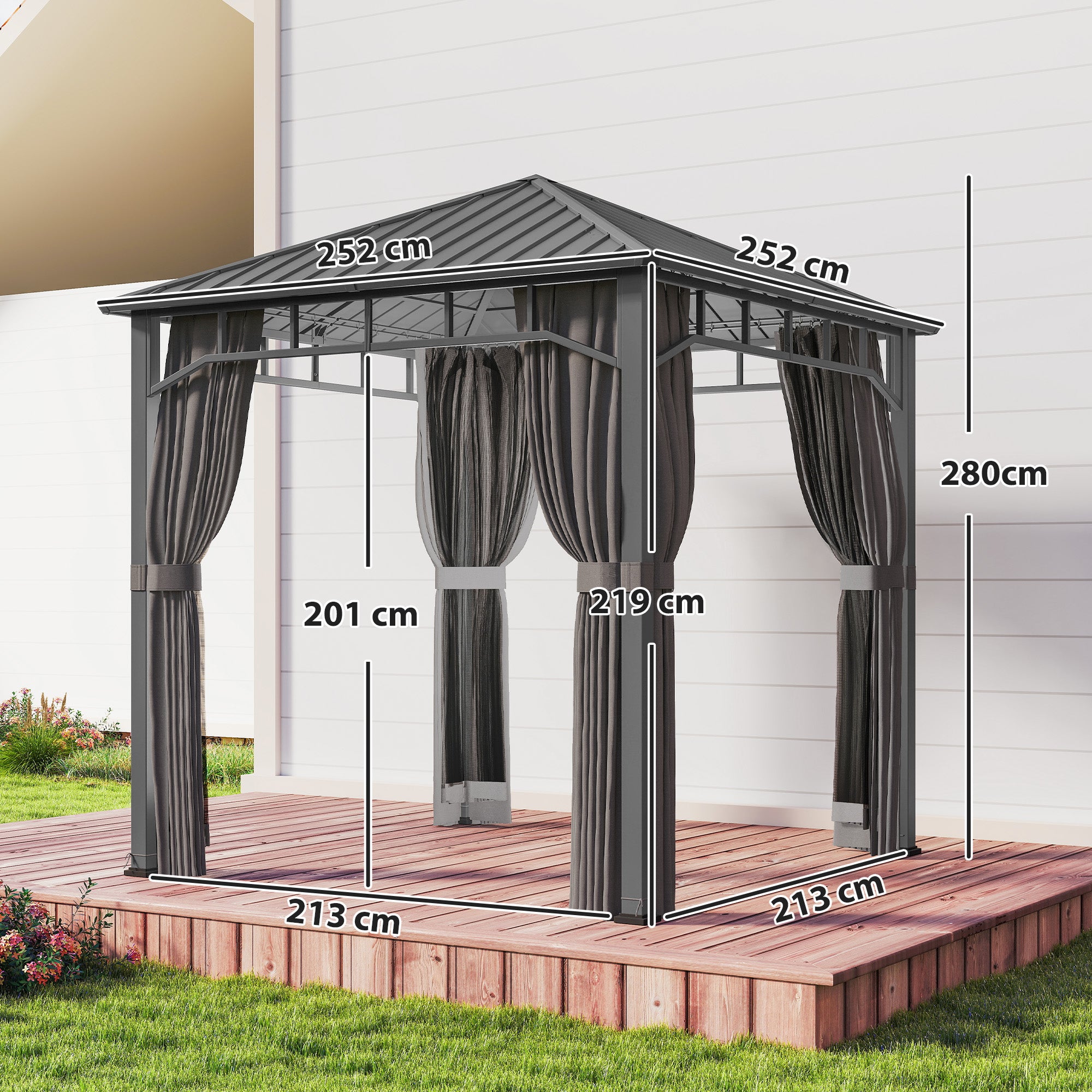 Outsunny 2.5 x 2.5 m Hardtop Gazebo with Galvanised Steel Roof, Waterproof Permanent Pavilion Garden Gazebo with Netting and Curtains for Patio, Deck, Dark Grey 