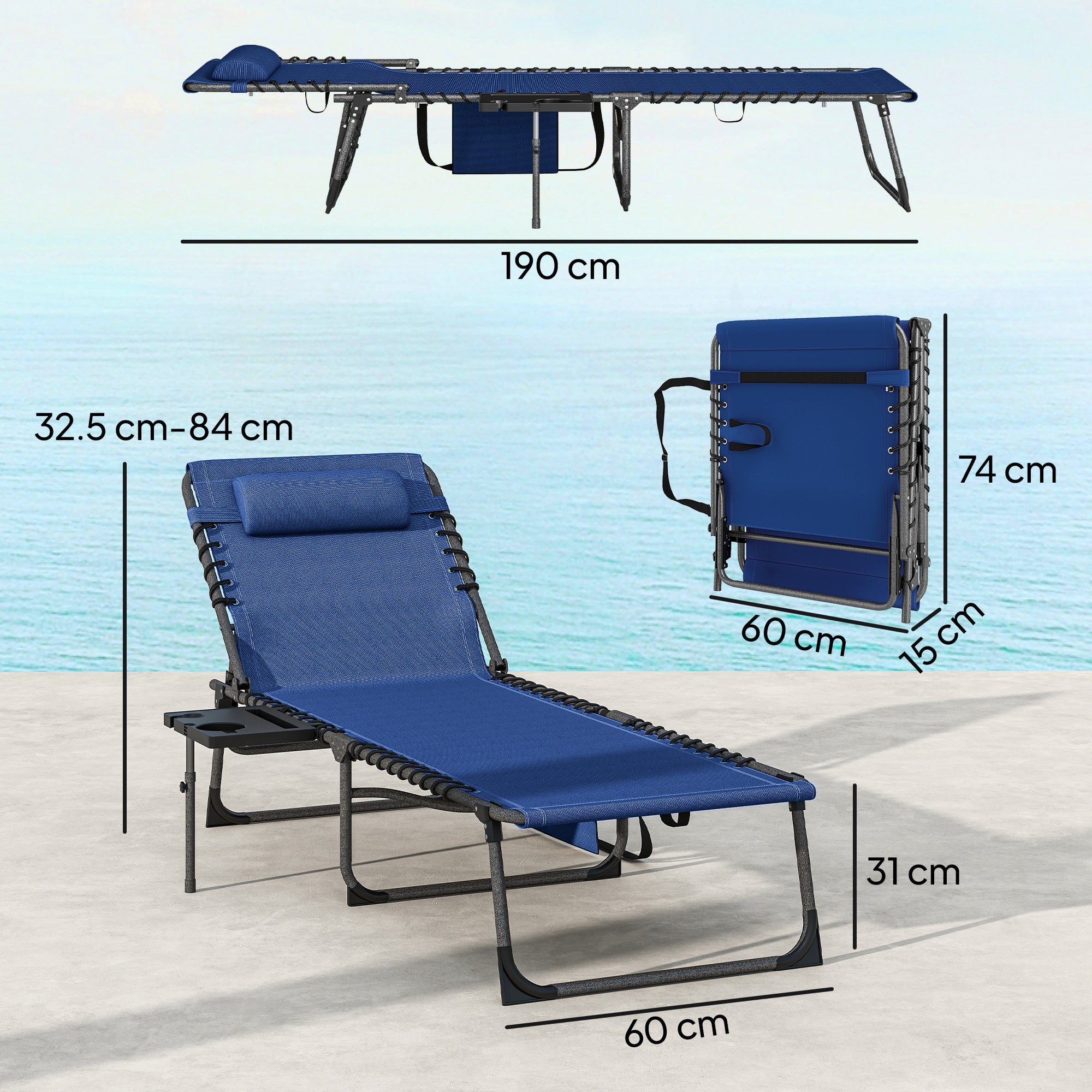 Outsunny Five-Position Reclining Sun Loungers Set of 2 - Dark Blue 