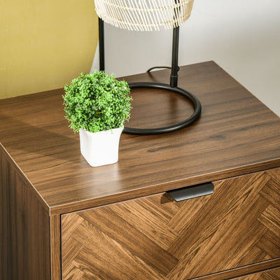 HOMCOM Bedside Table with Two Drawers, Side Cabinet Storage Unit with Metal Handles, Organisation Furniture for Living Room, Bedroom, Walnut Brown 