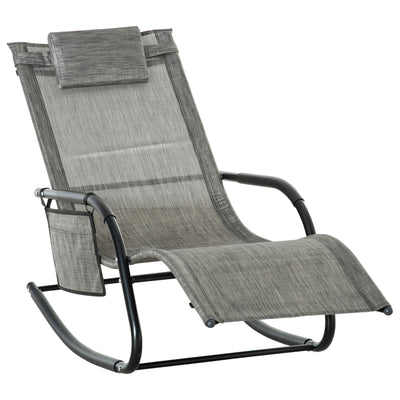 Outsunny Outdoor Garden Rocking Chair, Patio Sun Lounger Rocker Chair with Breathable Mesh Fabric, Removable Headrest Pillow, Armrest, Side Storage Bag, Dark Grey 
