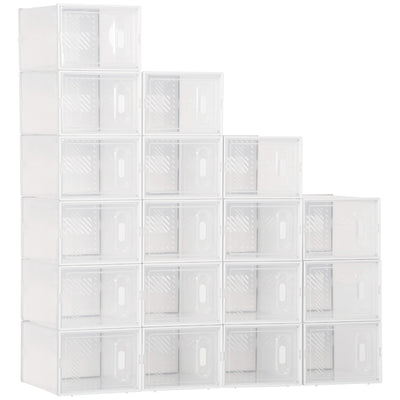 HOMCOM 18PCS Clear Shoe Box, Plastic Stackable Shoe Storage Box for UK/EU Size up to 8.5/43 with Magnetic Door for Women/Men, 25 x 35 x 19cm 