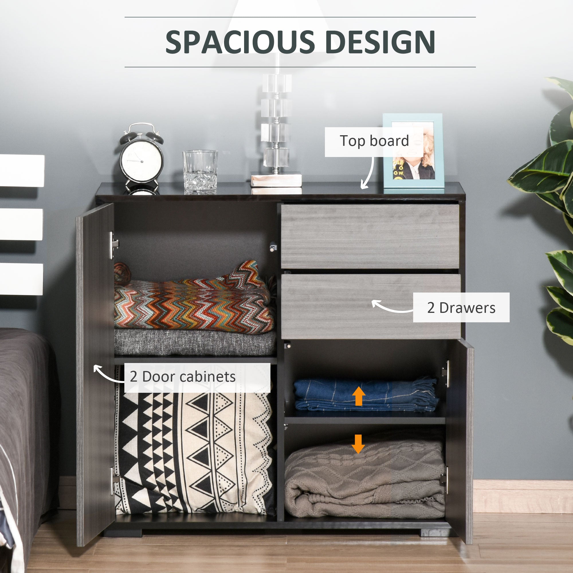 HOMCOM High Gloss Frame Sideboard, Push-Open Design with 2 Drawer for Living Room, Bedroom, 74H x 79W x 36Dcm, Light Grey and Black 