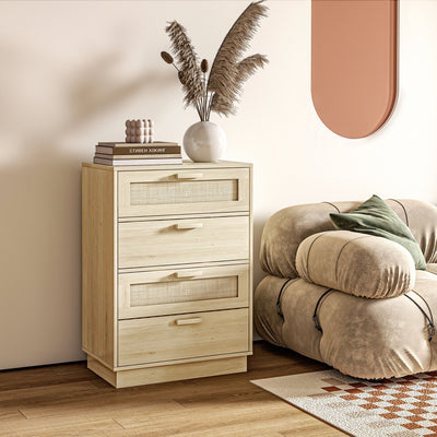 HOMCOM Chest of Four Rattan Weave Panel Drawers - Wood-Effect 