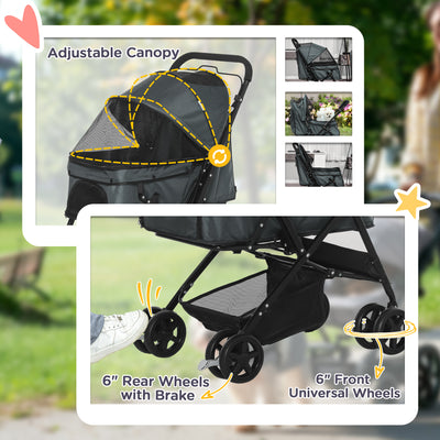 PawHut Pet Stroller Pushchair Foldable Travel Dog Cat Carriage w/ Reversible Handle Brake Basket 