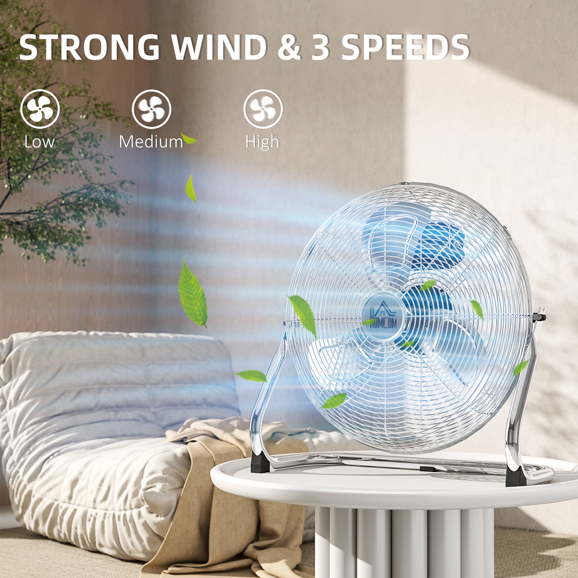 HOMCOM Metal Floor Fan with 3 Speeds & 120° Adjustable Tilt - Silver Tone