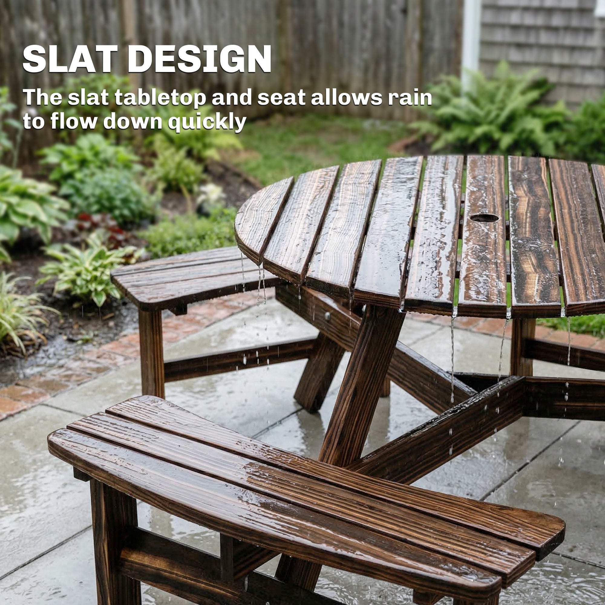 Outsunny Wooden Garden Dining Set, 6 Seater Round Dining Picnic Table with Matching Bench, Garden Furniture Set with Parasol Hole for Outdoor Patio Party and Family Gatherings, Carbonized 