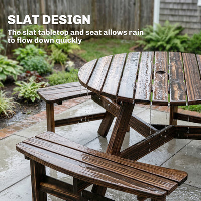 Outsunny Wooden Garden Dining Set, 6 Seater Round Dining Picnic Table with Matching Bench, Garden Furniture Set with Parasol Hole for Outdoor Patio Party and Family Gatherings, Carbonized 