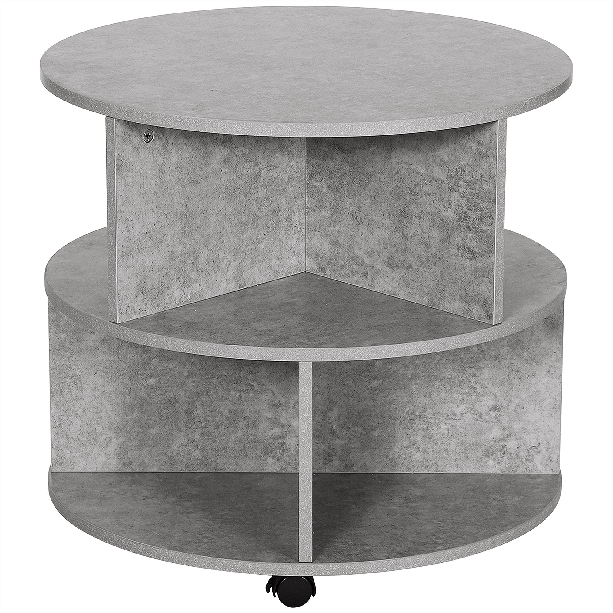 HOMCOM Round Coffee Table with Wheels, 3-Tier Rolling Side Table for Living Room with Divided Shelves, Cement Colour 