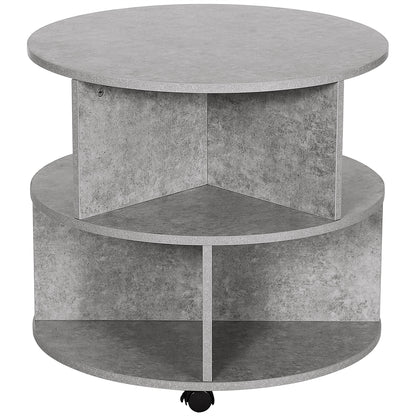 HOMCOM Round Coffee Table with Wheels, 3-Tier Rolling Side Table for Living Room with Divided Shelves, Cement Colour 