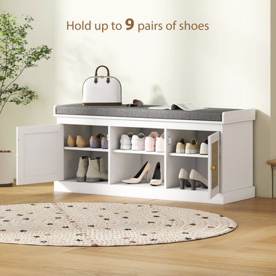 HOMCOM Boho Shoe Storage Bench with Padded Cushion and Rattan Doors - White 