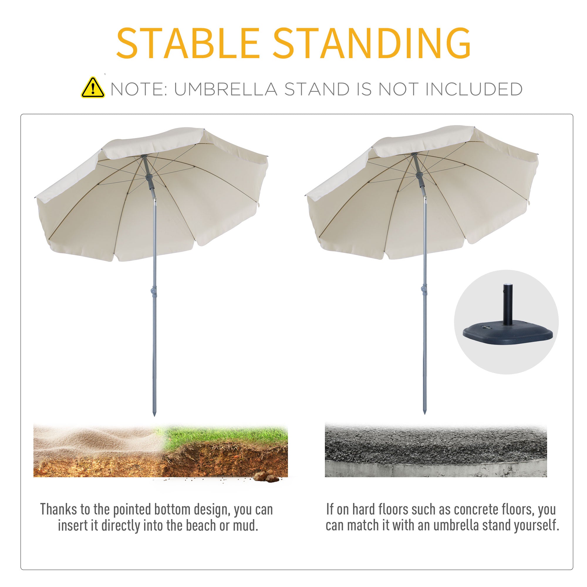 Outsunny 2.2m Beach Umbrella, Portable Parasol with Tilting Function, Outdoor Sunshade Shelter with 8 Ribs, Cream White 