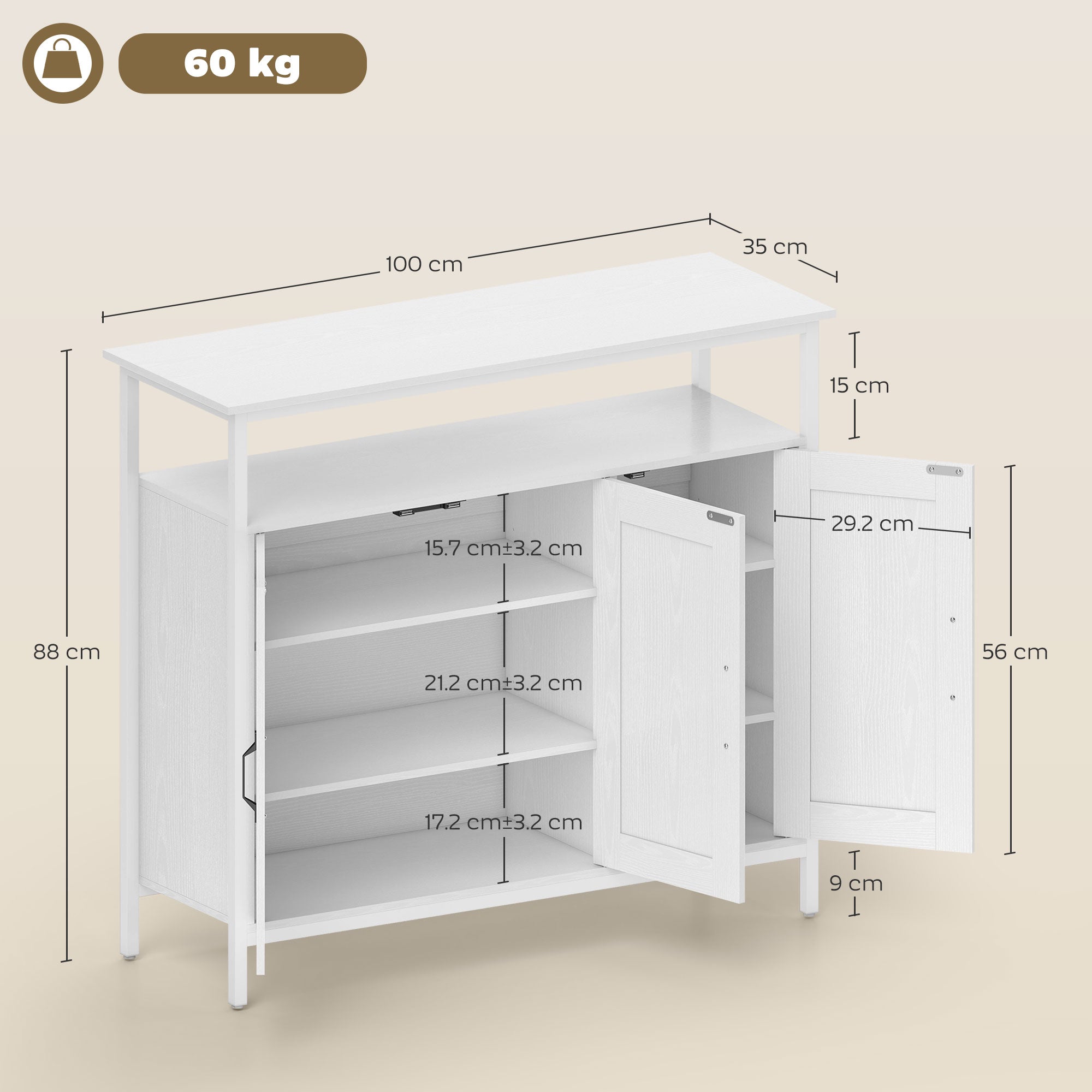 HOMCOM Industrial Kitchen Sideboard with Open Shelf, 2 Cabinets, Adjustable Shelves for Living Room, Dining Room, White 