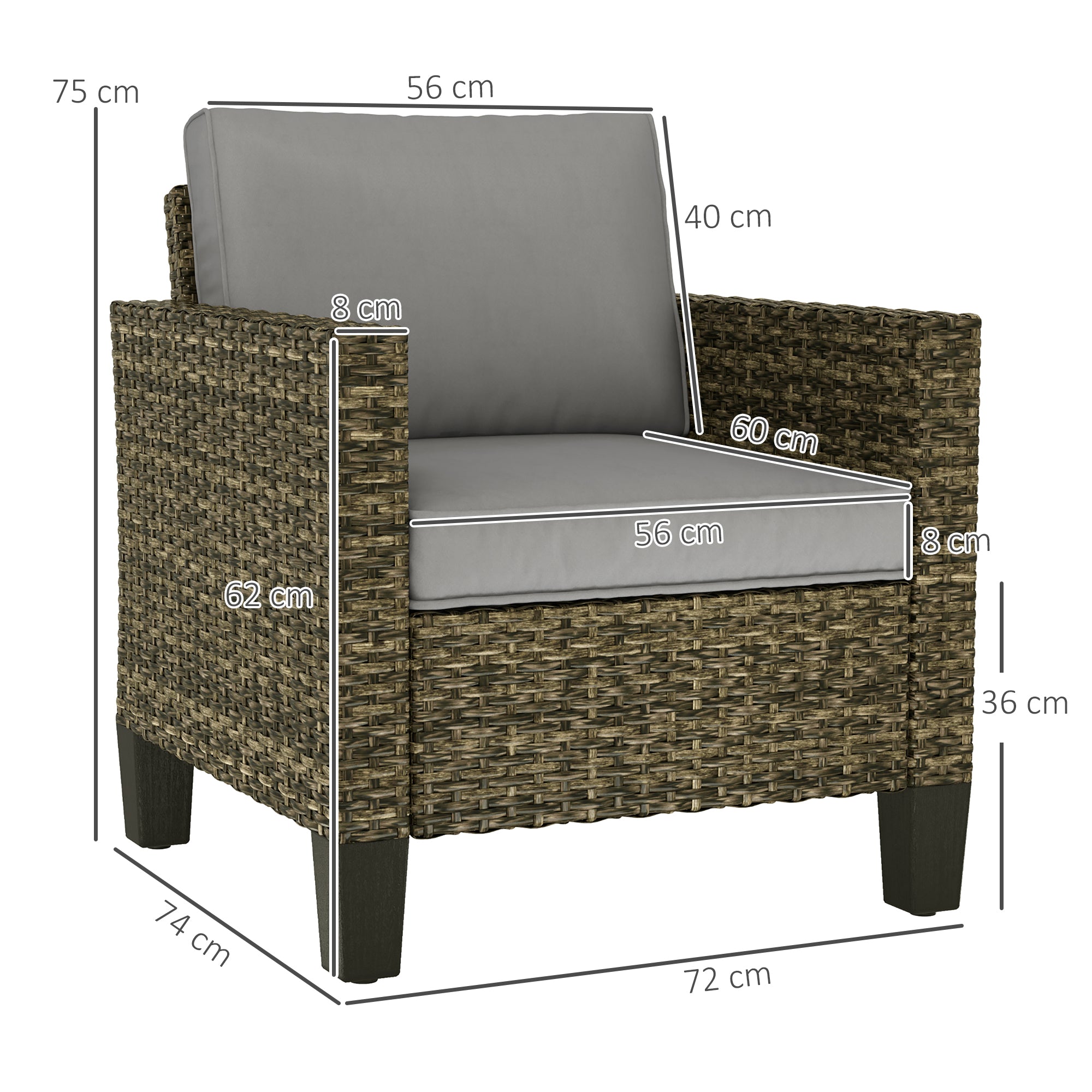 Outsunny Single Rattan Armchair, with Cushions - Mixed Grey