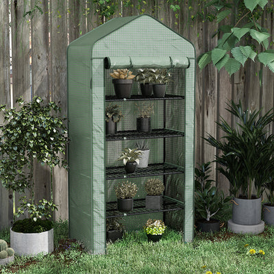 Outsunny 5 Tier Widened Mini Greenhouse with Reinforced PE Cover, Portable Indoor Outdoor Green House with Roll-up Door and Wire Shelves, 193H x 90W x 49Dcm, Green 