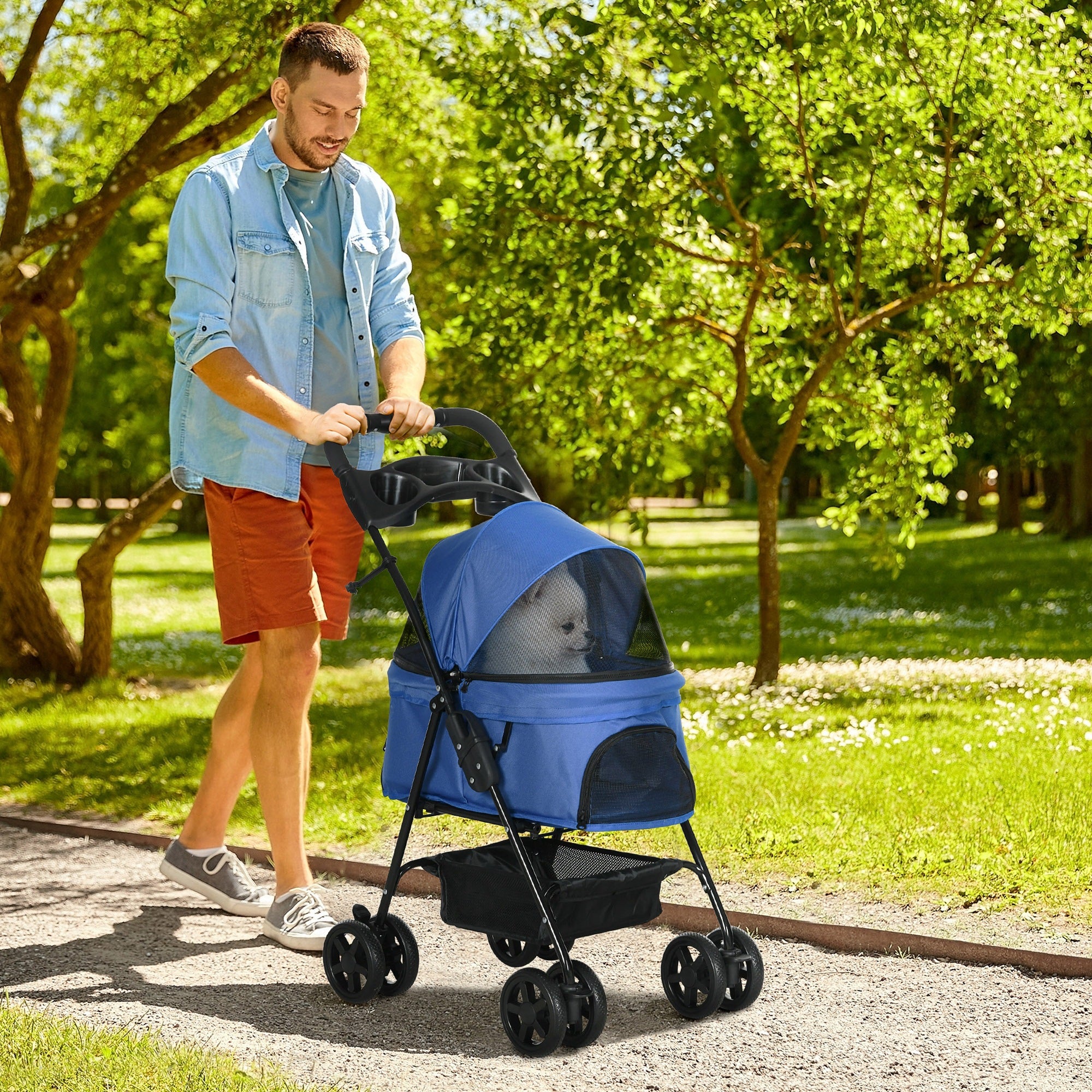 PawHut Dog Pram Dog Stroller Foldable Pet Pushchair with 4 Wheels, Safety Leashes, Cup Holder for Small Dogs, Blue 