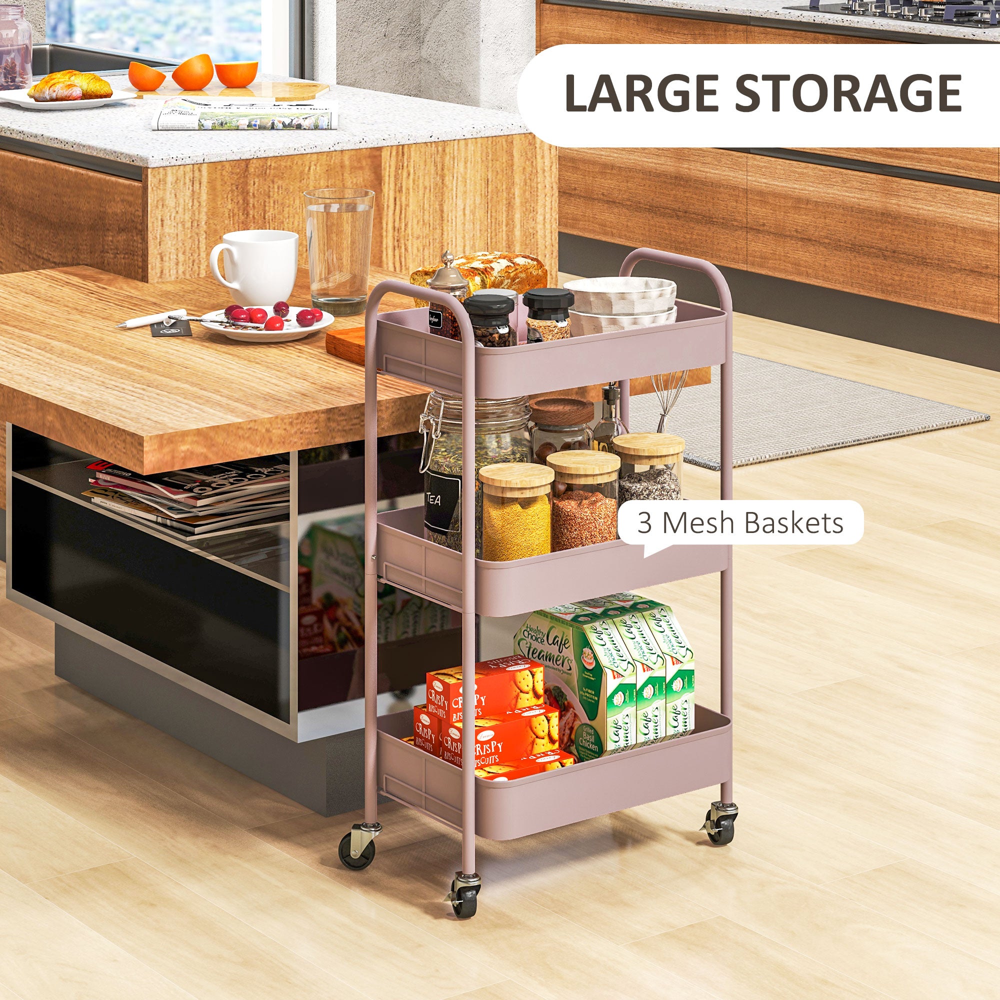 HOMCOM Three-Tier Steel Storage Trolley - Pink 
