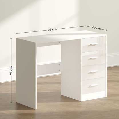 HOMCOM Computer Desk with Drawers, Dressing Table, High Gloss Home Office Writing Workstation, White 