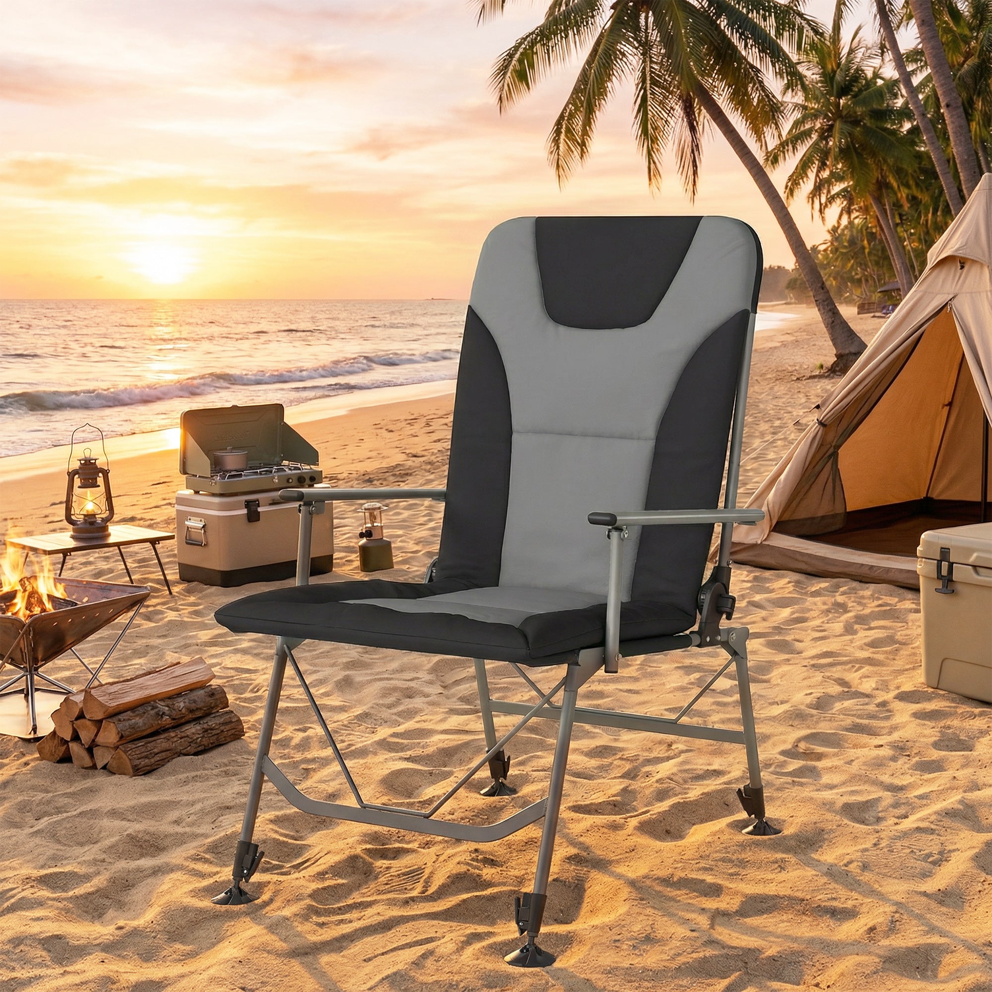Outsunny Camping Chair Padded Reclining Folding Chair with Wide Armrests for Adults Black 