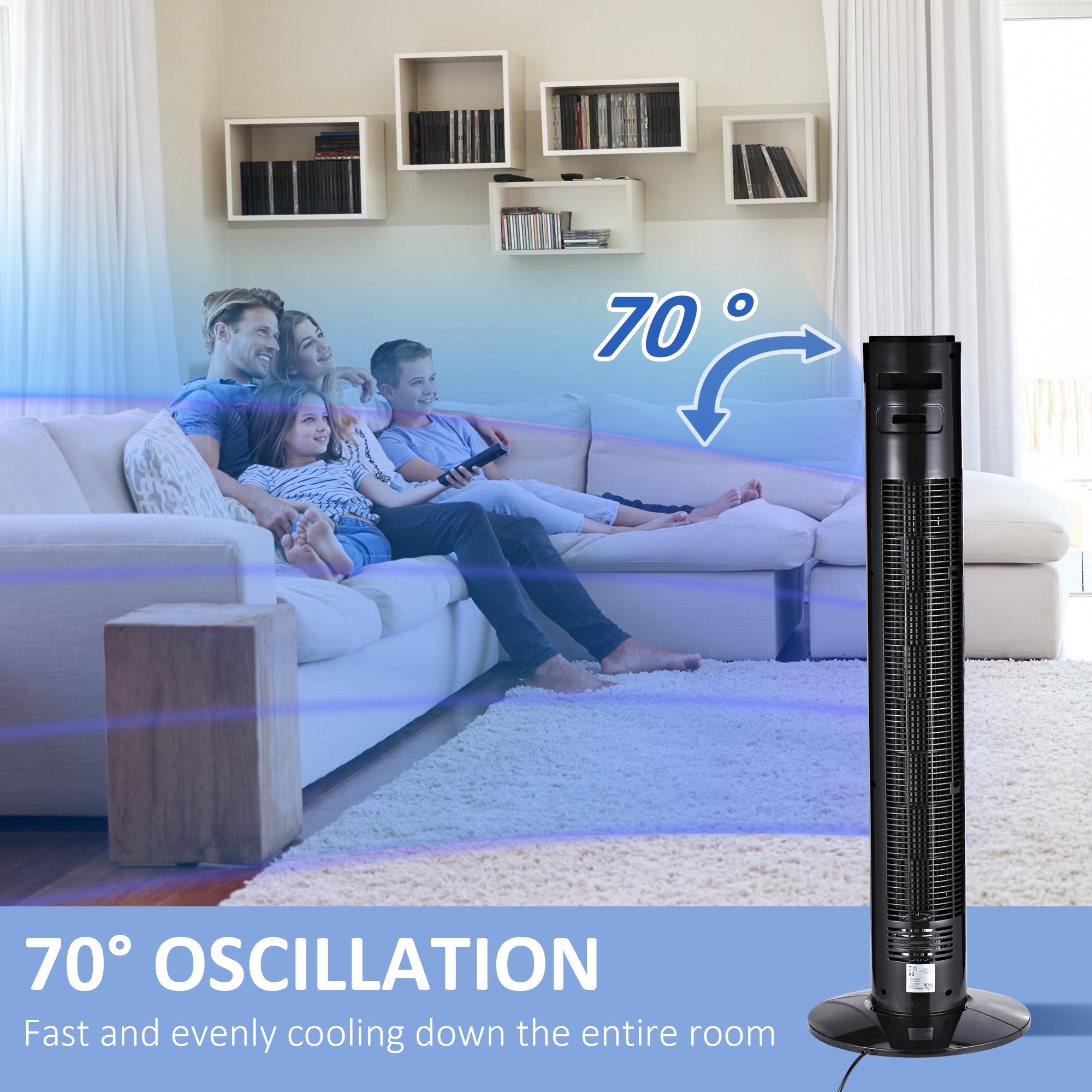 HOMCOM 38'' Freestanding Tower Fan, 3 Speed 3 Mode, 12h Timer, 70 Degree Oscillation, LED Panel, 5M Remote Controller, Black 