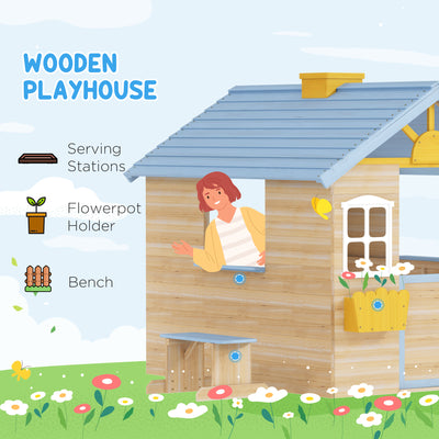 Outsunny Wooden Playhouse, Wendy House w/ Door, Bench, Flowerpot Holder, For Ages 3-7 Years, Blue 