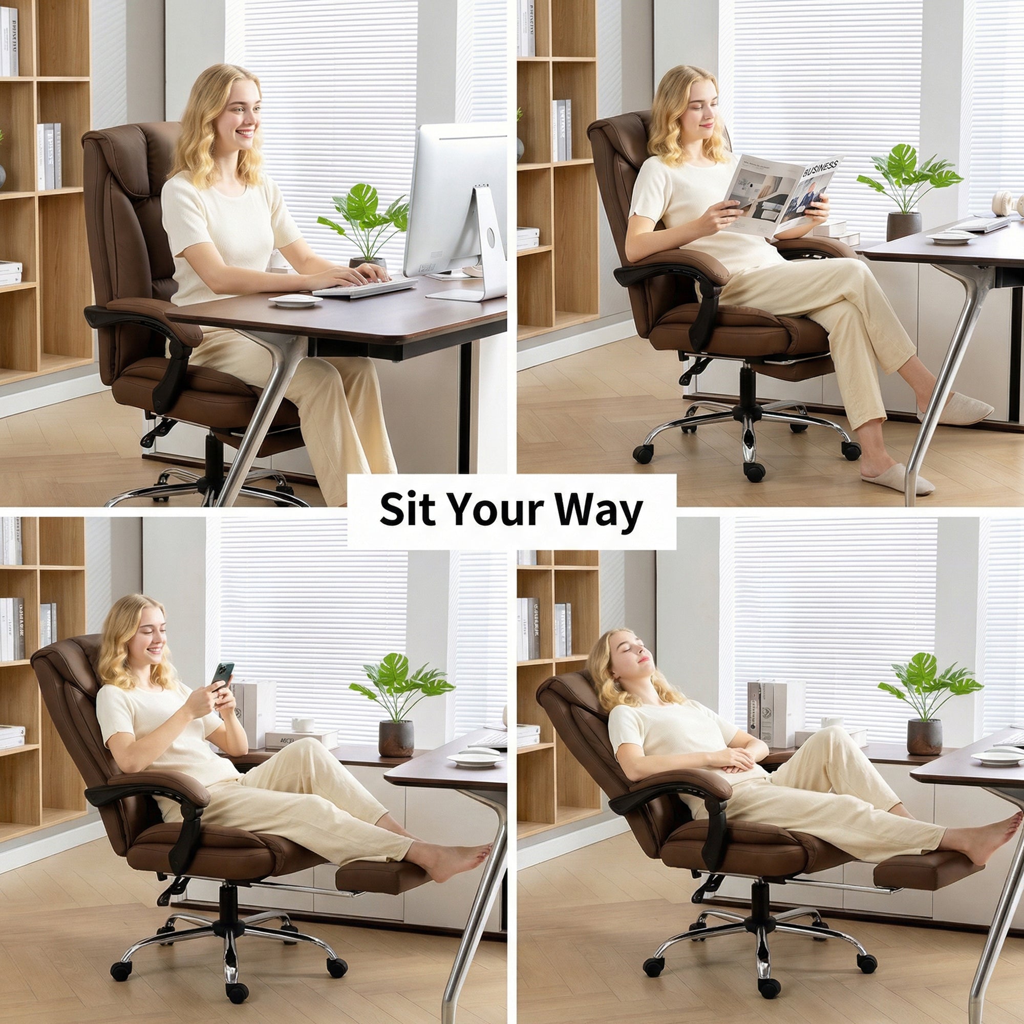 HOMCOM 155° Reclining Faux Leather Swivel Office Chair - Brown 