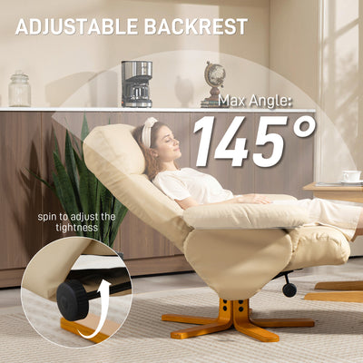 HOMCOM PU Leather Swivel Recliner Chair with Footstool, Wooden Base and Storage for Living Room, Beige 