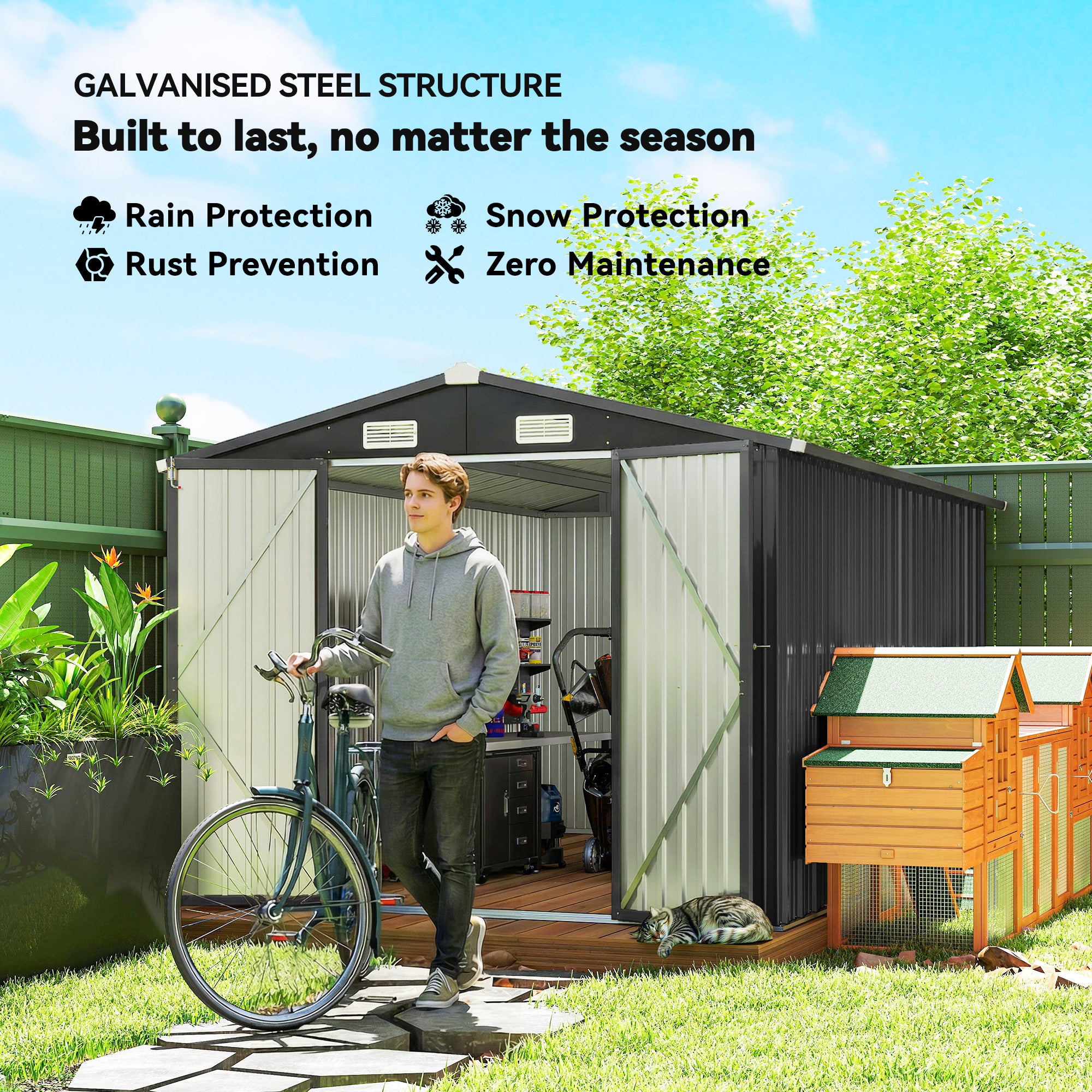 Outsunny 12 x 8 ft Garden Shed, Outdoor Storage Shed with 4 Vents and Lockable Double Doors, Dark Grey 