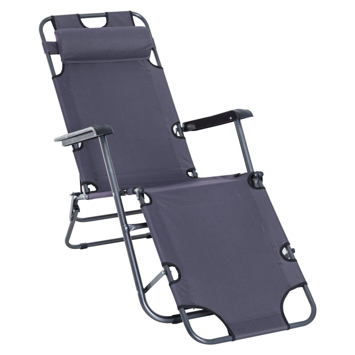 Outsunny 2 in 1 Sun Lounger Folding Reclining Chair Garden Outdoor Camping Adjustable Back with Pillow, Grey 