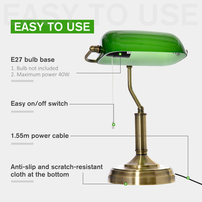 HOMCOM Banker's Table Lamps Set of 2, Desk Lamps with Antique Bronze Tone Base, Green Glass Shade and Pull Rope Switch for Home Office, Living Room, Bedroom, Dining Room, Green 
