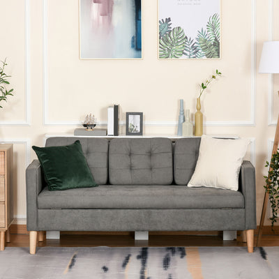HOMCOM Modern 3 Seater Sofa with Hidden Storage, 169cm Tufted Cotton Couch with Wood Legs, Compact Sofa for Living Room, Grey 