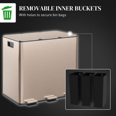 HOMCOM 45L Triple Compartment Stainless Steel Bin, with Deodoriser Holders - Gold Tone 