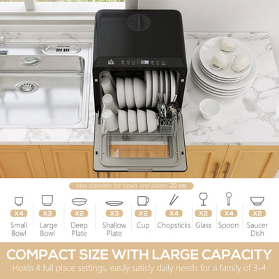 HOMCOM Table Top Dishwasher, Mini Countertop Dishwasher with Built-in 6L Water Tank, 6 Programs, Touch Control, LED Display, 4 Place Settings, Dual Water Supply and Air Drying Function, White 